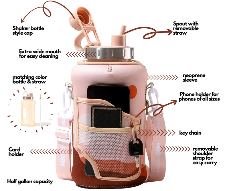 Mountain Sunset - Wide Mouth carry-all - Half Gallon Water Bottle with Storage Sleeve and removable straw