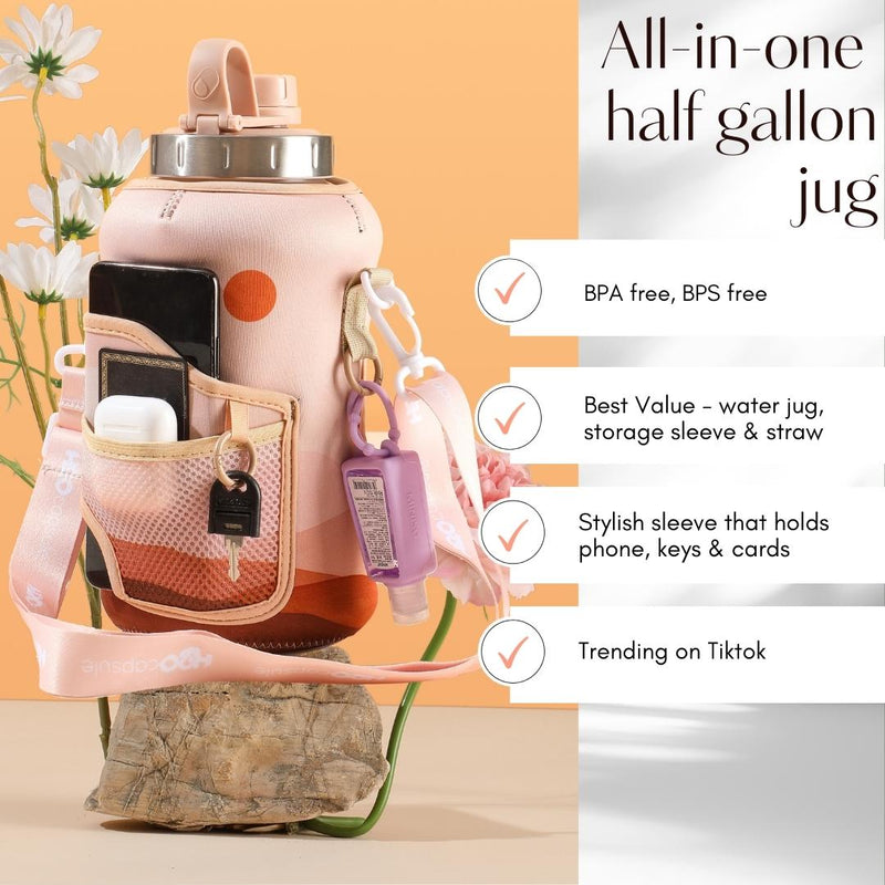 Mountain Sunset - Wide Mouth carry-all - Half Gallon Water Bottle with Storage Sleeve and removable straw