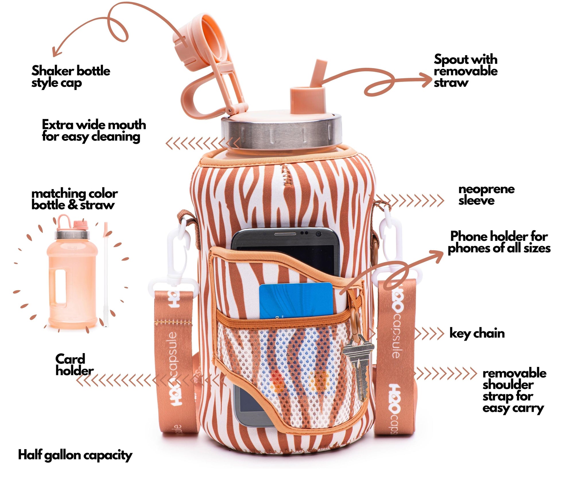 Libra Zebra - Wide Mouth carry-all - Half Gallon Water Bottle with Storage Sleeve and removable straw